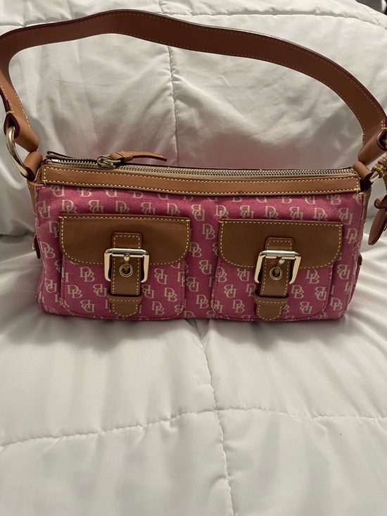 Dooney & Bourke Handbags - Dooney and Bourke small Pink Monogram denim Shoulder Bag with Tan Trim Y2K